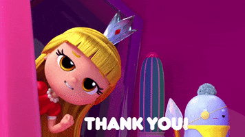 Cartoon gif. Grizelda on True and The Rainbow Kingdom  leans out from behind a wall. She looks back and waves her fingers back to say goodbye. She says, “Thank you!” and then zips away.