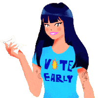 Illustrated gif. Young woman with bold modern makeup and dainty tattoos holding a ballot and wearing a t-shirt that reads "Vote early."