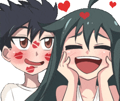 Anime gif. Smitten girl plants lipstick kisses on a smiling boy then turns around and holds her face in her hands as tiny hearts rise up above her head.