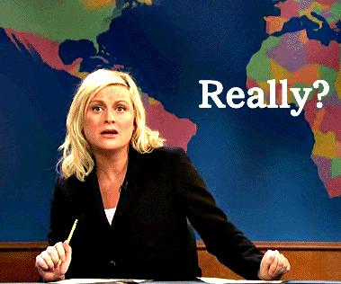 SNL gif. During a "Weekend Update" segment, a skeptical Amy Poehler shouts across the desk. Text, "Really?"