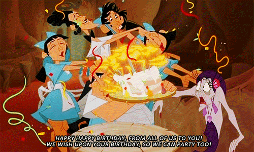 Movie gif. From The Emperor’s New Groove, a chef holding a cake and a group of waitresses throwing confetti arrive at a horrified Yzma’s table. Text, “Happy happy birthday, from all of us to you! We wish upon your birthday, so we can party too!”