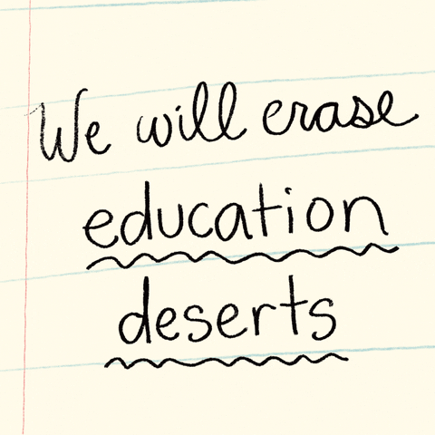Digital art gif. Handwritten cursive text over lined white notebook background reads, “We will erase education deserts.” A Pink Pearl eraser appears, erasing the words “education desert.”