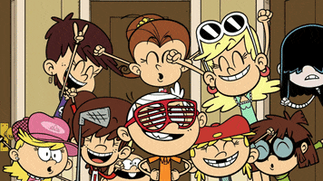Cartoon gif. Lincoln Loud from The Loud House smiles confidently, hands on hips, wearing shutter shades, surrounded by nine out of ten of his sisters who are all cheering and smiling. Only his oldest sister Lori isn't there.