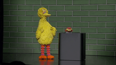 Sesame Street gif. Big Bird nods enthusiastically while standing on stage next to a podium, which small orange-haired puppet Cody stands behind nodding as well.