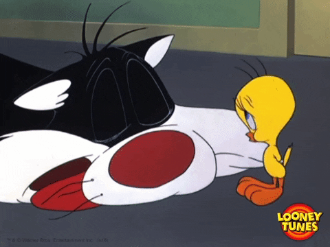 TV gif. Cartoon Sylvester the black cat lies on the floor with his tongue hanging out. Tweety the yellow bird reaches over and lifts one of his black eyelids. On the snoozing cat's eye is an analog clock and above it text, "Out. Back at 3:00."