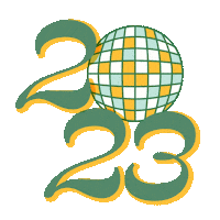 Sticker gif. Text, '2023' has a disco ball in replacement of the zero and the three changes into a four to read, '2024.' The rest of the text is green and yellow.