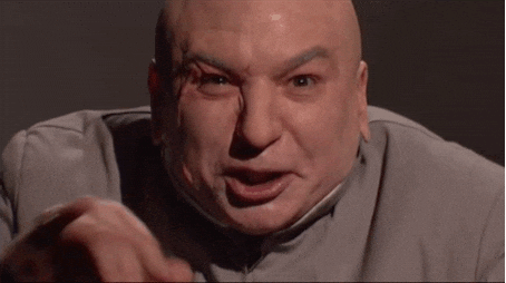 Movie gif. Mike Myers as Dr. Evil in Austin Powers. He puts his pinky at his mouth before laughing maniacally. 