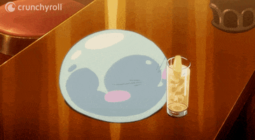 Anime gif. Rimuru Tempest from That Time I Got Reincarnated as a Slime sitting atop a sushi bar, raises a glass to drink.