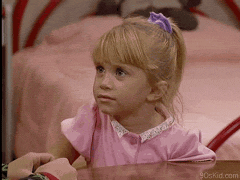 TV gif. Mary Kate or Ashley Olsen as Michelle on Full House rolls her eyes and shakes her head saying, "Duh!"