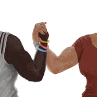 Digital art gif. Two women clasp their hands together, flexing their muscles against a transparent background. Text, “We are the solution.”