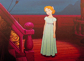 Cartoon gif. Wendy Darling from Peter Pan looks up at a staircase and curtsies cutely.