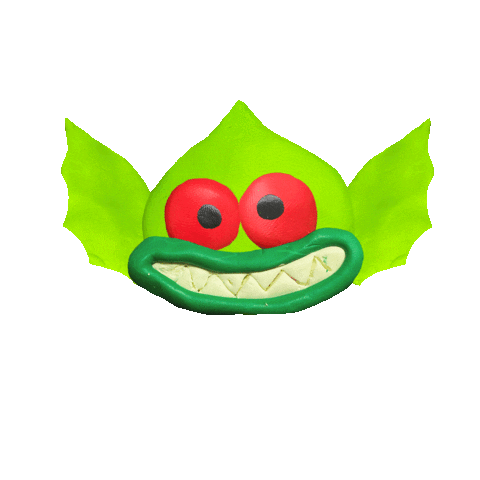 Sticker gif. Cartoon green gremlin grins widely with big, red eyes over a transparent background. Two green hands appear beneath its face, giving us two creepy thumbs up.