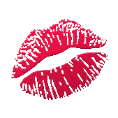 Sticker gif. Big red lip print kisses the screen.