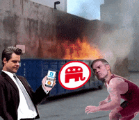 Political gif. Congressman Matt Gaetz holds a phone revealing a $900 Venmo payment as Congressman Jim Jordan creeps toward him wearing a wrestling unitard. In the background, a dumpster fire stamped with a red and white elephant rages as Senator Josh Hawley runs past.