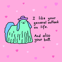 Digital art gif. Green dog with a purple cowboy hat on is smiling at us with pink hearts all around it. Text, "I like your general outlook on life. And also, your butt."