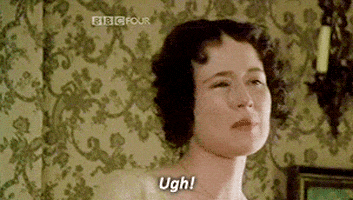 Movie gif. Jennifer Ehle as Elizabeth Bennet in Pride and Prejudice throws her head back and stares at the ceiling, exasperated and exclaiming, “Ugh!”