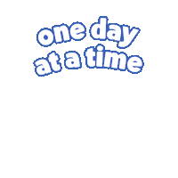 Digital art gif. Cartoon rainbow glides across the screen, a cheery smiley face sitting at the bottom arc of the rainbow. Big, white bubble text reads, "One day at a time."