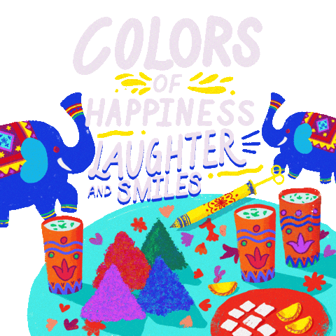 Illustrated gif. Blue elephants in vibrant saddle cloths spray green and yellow paint from their trunks on each side of table set with food, piles of colored pigment, and other festive items. Text on transparent background, "Colors of happiness, laughter, and smiles."