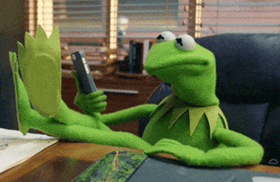 Muppets gif. Kermit the Frog sits at a desk with his feet up, holding a phone in one hand and shaking his head in disbelief.