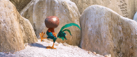 a rooster character walking into a rock repeatedly with a coconut over his head