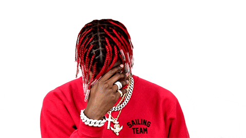 Celebrity gif. Lil Yachty holds his head down and covers his face with his hand as he disappointedly shakes his head. 