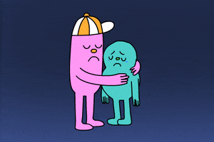 Illustrated gif. A frowning pink creature wraps its long arms around a smaller blue creature with tears streaming down its cheeks. 