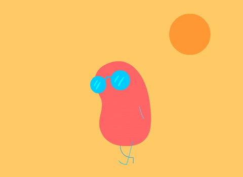 Digital art gif. Blob of red with sunglasses on trudges in the hot sun before it suddenly stops and melts to the ground, leaving only the sunglasses behind.