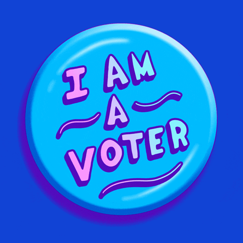 Digital art gif. Blue circular button rotates back and forth against a bright blue background. Text, “I am a voter.”