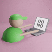 Digital art gif. A 3D character with a green baseball cap glancing backwards and tapping at a laptop, whose screen says "oh no." 