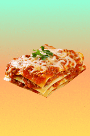 Photo gif. Slice of lasagna floating on a peach and teal gradient background.