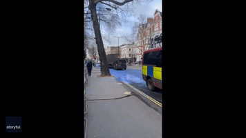 Road Outside Russian Embassy in London Painted in Colors of Ukrainian Flag