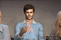 Digital art gif. A realistic video game-style animation of a man, seated between two real life people, tosses confetti into the air.