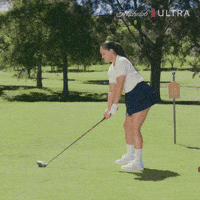 Sponsored gif. Woman swings a golf club and hits a golf ball off a tee. Text reads, “Fore!”
