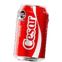 Sponsored gif. A red can of Coca-Cola with the name "Cesar" rises into frame and then sinks back out again.