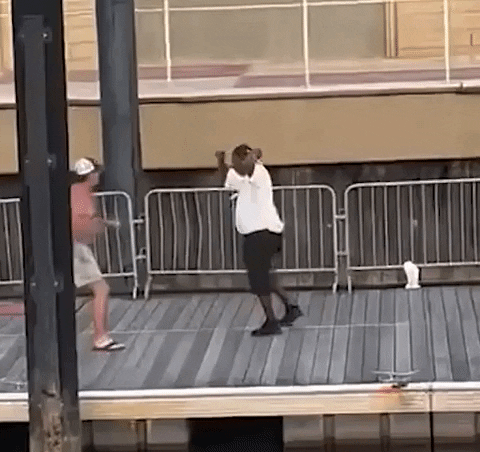 Video gif. Two men on a dock engage in an odd altercation. One of them appears to be a security guard and the other is wearing khaki shorts, a baseball cap, and no shirt. The guy without the shirt sidles up, moving his arm in a way that suggests he might be a bit drunk. The security guard tosses his hat away high up into the air.