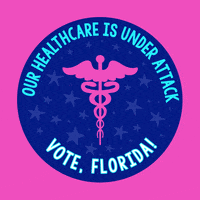 Digital art gif. Blue circular sticker against a pink background features a pink medical symbol of a staff entwined by two serpents, topped with flapping wings and surrounded by light blue dancing stars. Text, “Our healthcare is under attack. Vote, Florida!”