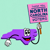 Digital art gif. Neon purple graphic of the anthropomorphic state of North Carolina on a mint green background holding a pink picket sign that reads "Thank you North Carolina voters!"
