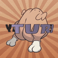 Animated graphic gif. A headless raw turkey flaps its wings as text circles around it reading, "Turkey Day." The background is a dizzying pattern of swirling light and dark brown stripes. 