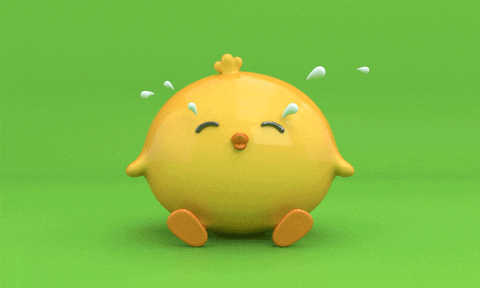 Cartoon gif. A round yellow chick pulses as tears erupt from its closed eyes. 