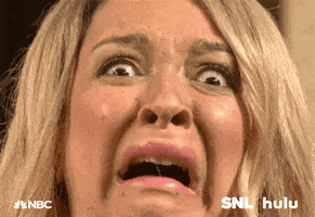 SNL gif. We see a close-up of Maya Rudolph's face. She's wearing a blonde wig and has an expression of extreme horror and fear, her mouth slightly ajar.