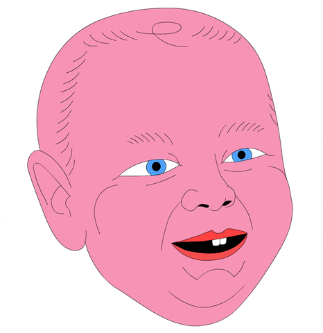Cartoon gif. An ugly smiling baby with two teeth, goes from smiling to a grimace as tears run down its crying face. 