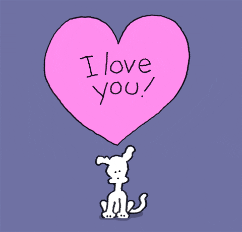 Cartoon gif. A cheerful Chippy the dog howls up to a large heart with black script. Text, "I love you!"