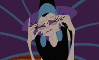 Cartoon gif. Yzma from Emperor's New Groove is rubbing her brow intensely, massaging her face to rid herself of her headache.