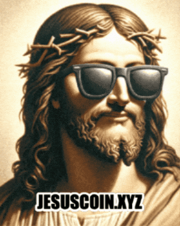Digital art gif. AI portrait of Jesus wearing dark sunglasses and a crown of thorns. Text, "Jesus coin dot x y z."