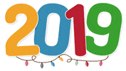 Text gif. The number, "2019" sits in yellow, blue, red, and green with string lights underneath.