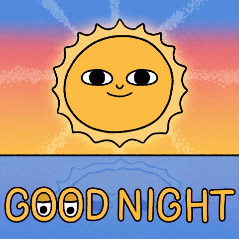 Illustrated gif. A smiling sun closes its eyes as it sets while twinkling stars descend on a night sky. Text, "Good night."