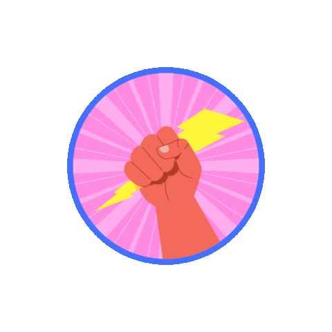 Digital art gif. Inside a pink and blue circle, an illustration of a pink hand clutches a bright yellow lightning bolt in its fist. Text around the outside of the circle reads, "Sobriety is my superpower."