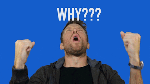 Celebrity gif. Brett Eldredge shakes his fists and screams angrily towards the sky. Text reads, "WHY????"