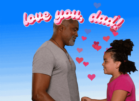A daughter is hugging her father and the words 'love you, dad!' are written above.