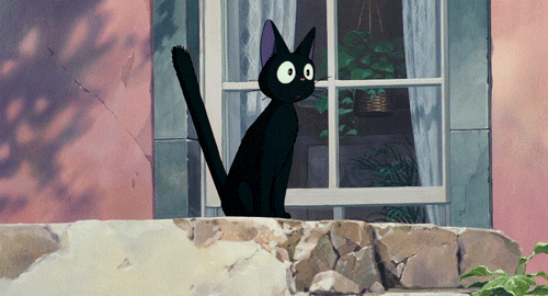Anime gif. Jiji from the Studio Ghibili film, Kiki's Delivery Service, sits wide-eyed atop a stone hedge as nervous shivers travel through his body, making his fur stick up.